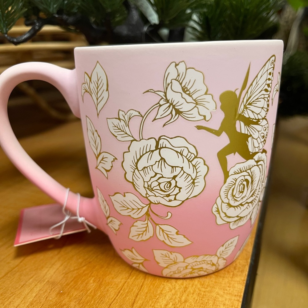 Pastel Pink & Gold Rose & Butterfly Fairy  Matte Soft Touch Fancy Coffee Mug NWT - Picture 4 of 4